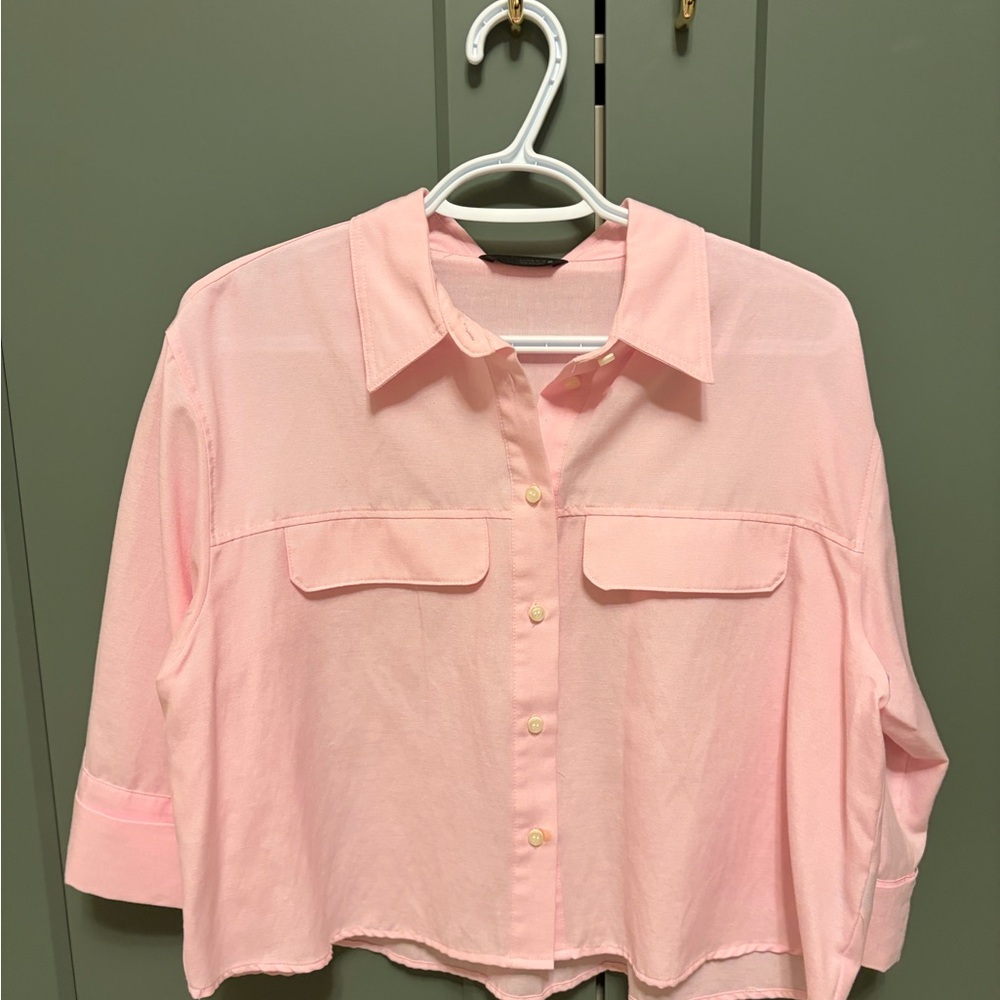 Zara Light Pink Women's Button-Front Shirt Top